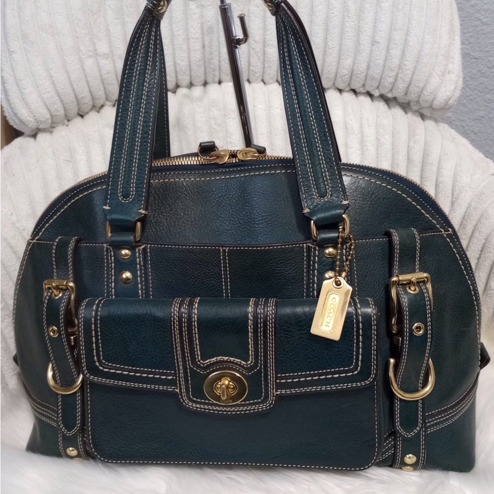 Coach Hamptons Blue Leather Satchel with Gold Accents - Picture 1 of 16